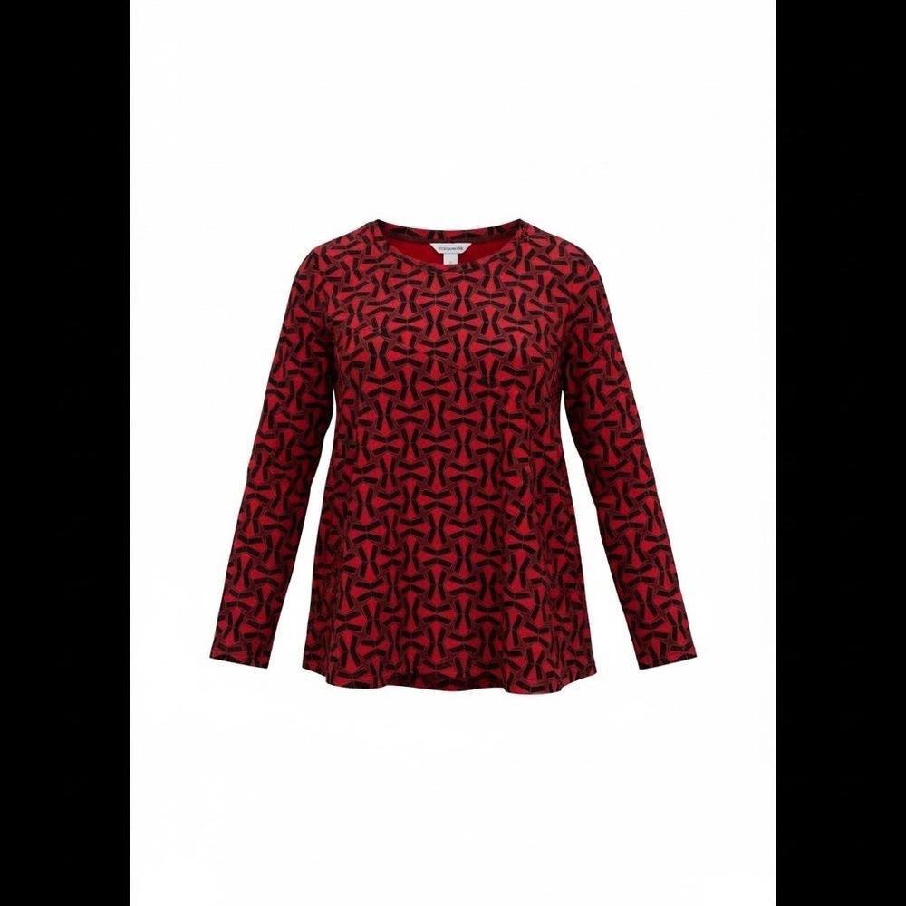 LIZ CLAIRBORNE Blouse Women Sz Large Red & Black Geometric Soft Stretch Knit